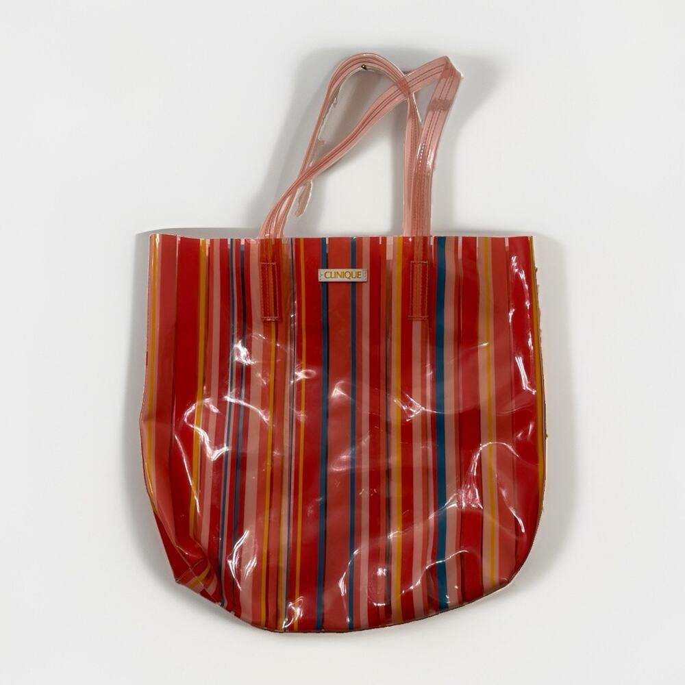 Clinique Striped Clear PVC Tote Bag Pink Red Beach Pool Travel Shopper